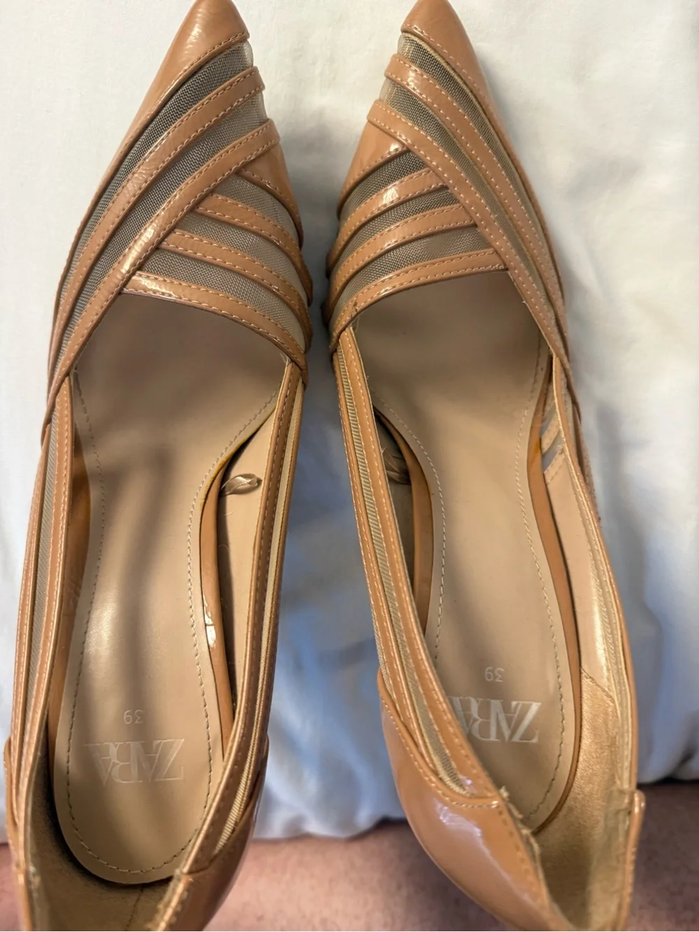 ZARA Brown Strappy Pointed-Toe Leather Pumps